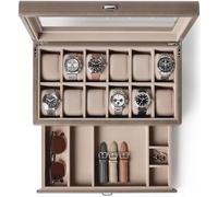TAWBURY Boîte à montres à 12 emplacements avec tiroir de rangement - Étui de rangement de qualité supérieure pour homme et femme | Fabriquée à la main à partir de cuir synthétique et de bois
