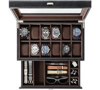 TAWBURY Boîte à montres à 12 emplacements avec tiroir de rangement - Fabriquée à la main en cuir synthétique de haute qualité et bois d'ingénierie | Coussins 5,1 cm de large