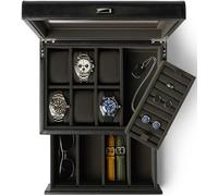 TAWBURY Boîte à montres et bijoux pour homme - Boîtier de montre à 6 emplacements avec affichage en verre, boutons de manchette, support de bague amovible et tiroir personnalisable pour rangement de
