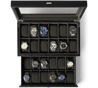 TAWBURY Boîte à montres extra large pour homme à 24 emplacements | Élégante boîte à montres en cuir synthétique noir extra large pour homme | Design double couche pour un rangement optimisé | Tiroir