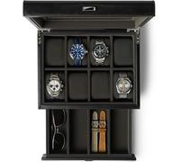 TAWBURY Boîte à montres pour homme - Boîtier de montre à 8 emplacements avec tiroir de rangement, affichage en verre véritable et coussins extra larges pour grandes montres (noir/anthracite)