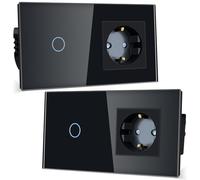 TAWOIA Interrupteur lumineux avec combinaison de prise Schuko - Encastré - 16 A - 157 x 86 mm - Plaque en cristal trempé avec rétroéclairage LED - 1 voie - Interrupteur tactile - 1 voie - 1000 W -
