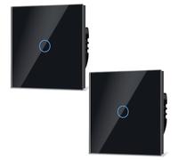 TAWOIA Lot de 2 interrupteurs muraux normaux - Standard 110 V-240 V - 86 x 86 mm - Plaque en cristal trempé avec rétroéclairage LED - Interrupteur tactile 1 compartiment 2 voies - 1000 W - Noir