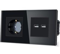 TAWOIA Prise murale Schuko - 1 compartiment avec double USB 5 V x 3,1 A (maximum 15 W) - Cadre en verre cristal - Prise pour montage encastré - 16 A - Prise avec USB noir - 86 x 157 mm