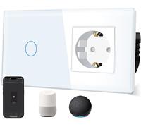 TAWOIA Prise normale avec interrupteur WiFi intelligent (conducteur neutre nécessaire) avec vitre en verre, commande vocale pour Alexa, compatible avec l'application Smart Life et Tuya 1 voie Blanc
