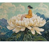 Taxpy Canevas Broderie Point De Croix Kit Complet Adulte Debutant Compté Pré Imprimé Estampillé Moderne Débutant Avec Fils, Fille Assise Sur Un Énorme Chrysanthème 40X50Cm 11Ct Cross Stitch Loisir