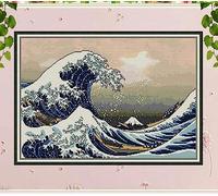 Taxpy Canevas Broderie Point De Croix Kit Complet Adulte Debutant, La Grande Vague De Kanagawa,30X40Cm Kit Broderie Point De Croix Compté Pré Imprimé Enfant Débutant Adulte, Kit Canevas Comp