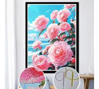 Taxpy DIY Point De Croix Perlé Kits De Broderie De Perles De Fleurs De Bord De Mer Kit De Broderie De Perles De Rocaille Au Point De Croix De Fleurs Roses Arts Artisanaux Au Point De Croix 30x40cm