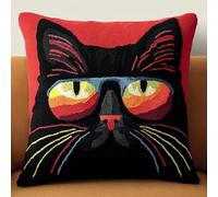 Taxpy Kit Canevas à Nouer 43x43 cm,Chat noir cool,Coussin DIY pour Enfants et Adultes,Kit de Crochet Locker Hook avec Toile Imprimée et Outils,Projet Créatif Décoration Canapé