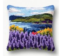 Taxpy Kit de Coussin à Crochet Maille Fait Maison Lavender Flowers And Sea Background Couverture de Coussin 43x43cm,Adapté Aux Débutants avec Motifs Préimprimés,pour Adultes et Débutants