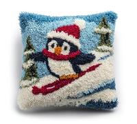 Taxpy Kit Point Noué Á Faire Coussin Broderie Debutant Diy Pingouin Skiant Avec Un Bonnet De Père Noël Latch Hook Kit Complet Decoration Maison Manuelle Loisir Créatif Ca. 43 X 43 Cm Embroidery