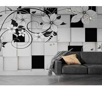Taxpy Papier Peint Panoramique, Motif floral géométrique noir et blanc, 400 x 280 cm Photo Murale pour Salon Chambre, Peinture Murale Papier Peint Photo Mural