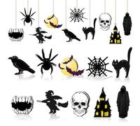 TAXTYHRE 20 Pièces Pendentif de Décoration Halloween, Décoration d'halloween en Bois, Pendentif Crâne de Chat Araignée avec Corde, pour Cheminée Mur Fenêtre Fête d'halloween