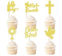 TAXTYHRE Baptême Décoration de Gâteau, 24 Pièces Cake Toppers Communion, Forme Croix Pigeon Or Gâteau Topper, pour Baby Shower Communion Confirmation Mariage Anniversaire Fête
