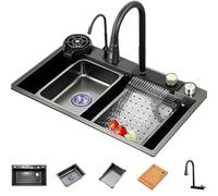 TAXXII Évier de Cuisine à encastrer, Poste de Travail à Une cuve en Acier Inoxydable avec Robinet d'eau de Pluie et Descente de gouttière (6045)