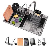 TAXXII Évier de Cuisine en Acier Inoxydable 304 avec Effet Cascade, Robinet rétractable Fly Rain et Accessoires (Gris Anthracite 68x45x22cm) avec Affichage numérique Multifonctionnel