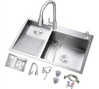 TAXXII Évier Double bac pour Salle de Bain, évier ménager en Acier Inoxydable, Vasque avec Planche à Laver, Robinet extractible, Facile à Nettoyer (Dimensions : 70 x 48 x 22 cm, Couleur :