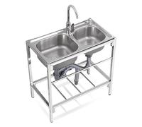 TAXXII Évier Double extérieur Utilitaire, en Acier Inoxydable avec égouttoir et étagères de Rangement, sur Pied, pour Cuisine Professionnelle avec Robinet d'eau Chaude et Froide, idéal po