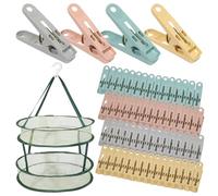 Taybong Lot de 60 pinces à linge pour corde à linge, pinces à linge à forte adhérence, clips en plastique avec panier de séchage pliable coupe-vent double couche pour la maison et le jardin