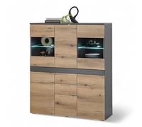 Taylor - Buffet Haut avec éclairage LED en Anthracite, Aspect chêne Evoke - Armoire de Salon Moderne avec Beaucoup d'espace de Rangement pour Votre Salon - 119 x 140 x 38 cm (l x H x P)