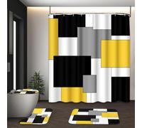Tayney Ensemble de Rideau de Douche 4 pièces avec Housse d'abattant de Toilette et Tapis antidérapants pour Salle de Bain, Rideau de Douche à Carreaux Noirs Blancs et Gris, Ensemble Moderne Abstrait