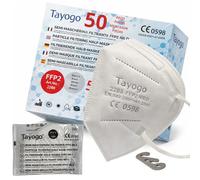 Tayogo 50 Masques FFP2 Blancs ou Noirs, Certifiés CE 0598, 5 Couches, Filtration 99,5%, Hypoallergéniques, Sans Odeur, Confortables, Emballage Individuel, Protection Respiratoire + 2 Attaches Oreilles