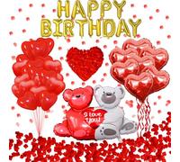 Tayuvira Ensemble de ballons d'anniversaire romantiques en forme de cœur avec 1 000 roses rouges, grand ours amoureux, décoration d'anniversaire rouge pour femme, petit ami, petite amie, fille, mari