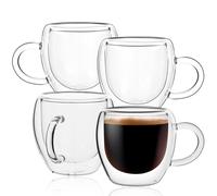 Tazas de Cafe Express Lot de 4 tasses à expresso avec poignée, 70,9 g, petits verres à shot isothermes à double paroi, pour accessoires de machine à expresso Transparent