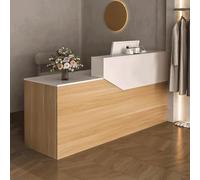 Tazyee Bureau de réception moderne avec tiroir et étagères verrouillables, comptoir d'entrée de 100,1 à 279,4 cm pour salon, bureau, magasin de détail, hall, bureau à domicile, blanc + bois droit, 120