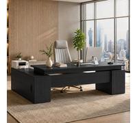 Tazyee Bureau Direction en L avec 3 Tiroirs, Armoire de Rangement et Étagères, Grand Bureau Informatique avec Gestion des Câbles, Bureau Professionnel pour Bureau et Télétravail