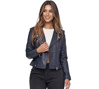 Tazzio Veste en cuir véritable pour femme au look motard avec fermeture éclair et col à revers F507, bleu marine, M