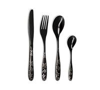 TB - Ménagère Bagatelle - 16 Couverts de Table Noirs Fleurs en Acier Inoxydable - Lavables en Machine