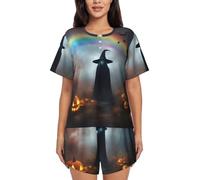 TBABMDPDM Ensemble de pyjama 2 pièces pour femme avec haut à manches courtes et short Motif araignées arc-en-ciel Halloween, Noir/blanc, L