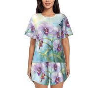 TBABMDPDM Ensemble de pyjama 2 pièces pour femme avec haut à manches courtes et short Motif fleurs d'orchidée et papillon, Noir/blanc, XL
