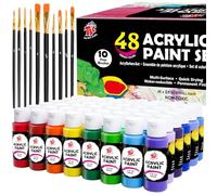 TBC Peinture acrylique 48 x 60 ml avec 10 pinceaux Peinture Acrylique à Séchage Rapide - Résistante à l'eau et à la Lumière - Pour Pierre, Céramique, Bois, Toile - Pour Artistes, Débutants & Enfants