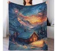 TBDUEPS Couverture imprimée en 3D « Chalet Douillet dans Les Montagnes enneigées » en Flanelle Douce et Chaude pour Femme, idéale pour Chaise, Voiture, Cadeau de Noël, 127 x 152 cm