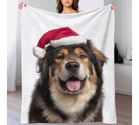 TBDUEPS Couverture Polaire 3D Motif Chien Dogue du Tibet avec Bonnet de Père Noël, Confortable, en Flanelle, pour canapé-lit, Cadeau de Noël, 180 x 200 cm