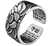 TBEONE Bague en Argent Massif 999, Bague Lotus Bague Ouverte réglable Sutra Coeur Bouddhiste Sculpture Bague en Argent pour Hommes et Femmes Cadeau de Bijoux rétro