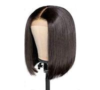 TBEONE Perruque courte et raide avec fermeture en dentelle, cheveux humains brésiliens noirs naturels, raie au milieu, cheveux naturels d'aspect naturel (perruque + filet)