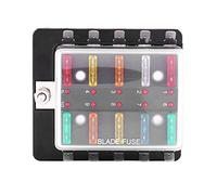 Tbest Support de Boîte à Fusibles à Lame 10 Voies avec Kit de Voyant D'avertissement LED pour Voiture, Van, Bateau, Panneau de Bloc de Circuit Marin, Couvercle Transparent et