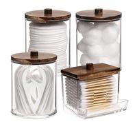 Tbestmax Qtip Lot de 4 conteneurs de salle de bain, distributeur de boules de coton/écouvillons, pot d'apothicaire avec couvercles en bambou pour organisateur et rangement (marron)