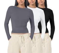 TBloevwlh 1 PC ou 3 PCS Tee Shirt Hauts Basique T-Shirts Manche Y2K Style Rétro Femme Crop Top Vetement Thermique Col Rond Moulant Tops Chauds en Coton Extensible Décontractée Streetwear et Sport