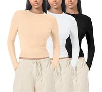 TBloevwlh 1 PC ou 3 PCS Tee Shirt Hauts Basique T-Shirts Manche Y2K Style Rétro Femme Crop Top Vetement Thermique Col Rond Moulant Tops Chauds en Coton Extensible Décontractée Streetwear et Sport