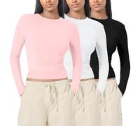 TBloevwlh 1 PC ou 3 PCS Tee Shirt Hauts Basique T-Shirts Manche Y2K Style Rétro Femme Crop Top Vetement Thermique Col Rond Moulant Tops Chauds en Coton Extensible Décontractée Streetwear et Sport