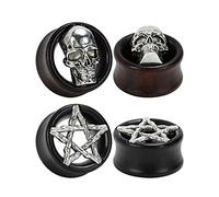 TBOSEN 2 ou 4 pcs Antiqued Skull Wood Double Flared Ear Plug Saddle Organic Black Areng Flesh Tunnels Jauges 8mm - 25mm