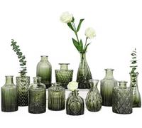 TBWIND Lot de 12 vases à bourgeons en verre - Petits vases pour fleurs - Vase vert pour centres de table en vrac, mini vase vintage pour décorations de mariage rustiques, décoration florale de bureau