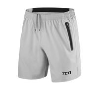 TCA Short Sport Homme Court - Short Homme Sport avec Poche Zipée - Bermuda de Running Léger Elite Tech Pas Cher - Vêtement en Polyester - Musculation - Fitness SS - Gris Clair/Noir, M