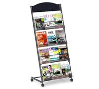 Tcatec Présentoir à prospectus - Porte-revues au sol - 4 niveaux - Porte-revues A4 - Avec 4 roues - Porte-catalogue de journaux en acier - Support d'information pour lieux publics
