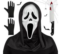 Tccydm Halloween Horreur Adult Scream Masque Ghostface, avec faux couteau Halloween, gants noirs, masque réaliste d'horreur de fantôme pour Cosplay carnaval