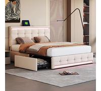 Tcewhhy Lit rembourré, 140 x 200 cm, LED, avec 4 tiroirs et 2 stations de charge USB, cadre de lit avec tête de lit LED, lit plate-forme rembourré avec espace de rangement, tissu en lin beige